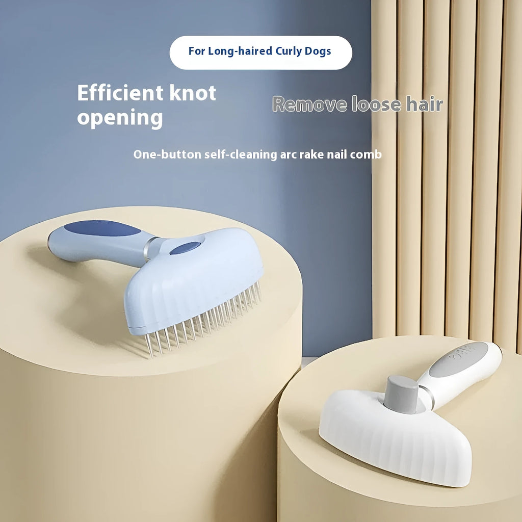 Stainless steel double-row dog grooming comb in azure light blue colour for hair removal