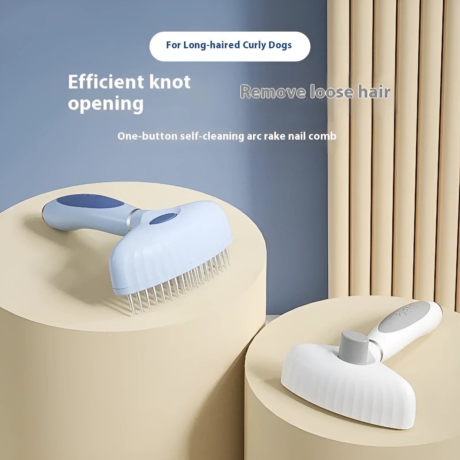 Stainless steel double-row dog grooming comb in azure light blue colour for hair removal