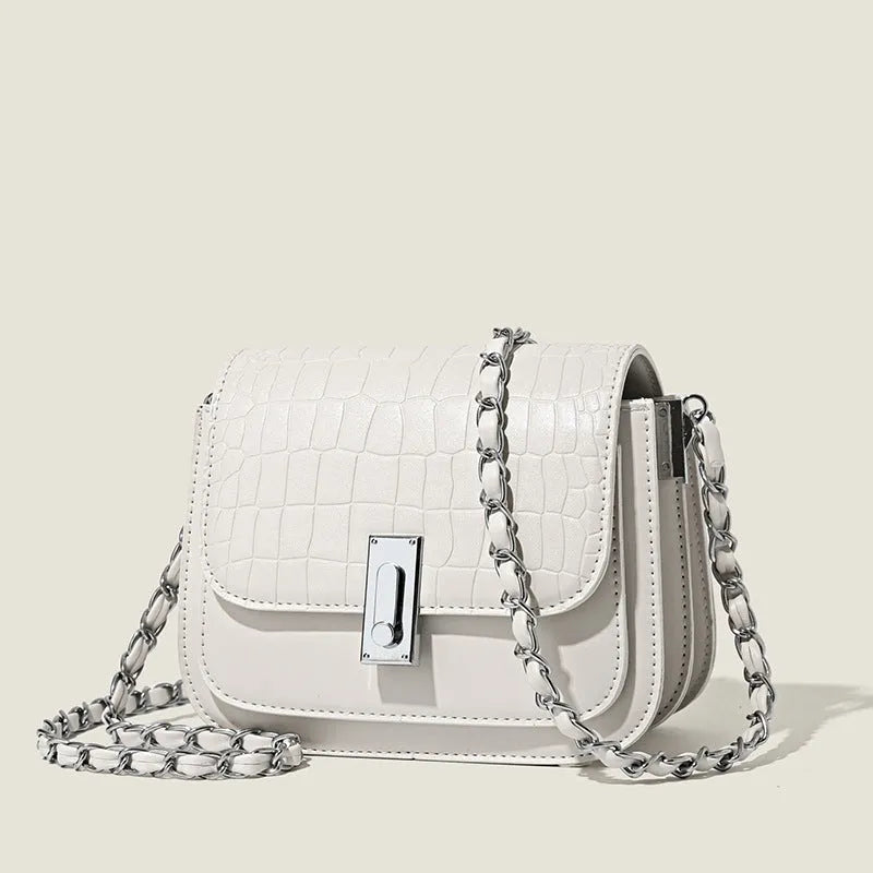 Soft PU women's chain shoulder bag with square shape, sandwich pocket design and mobile phone compartment