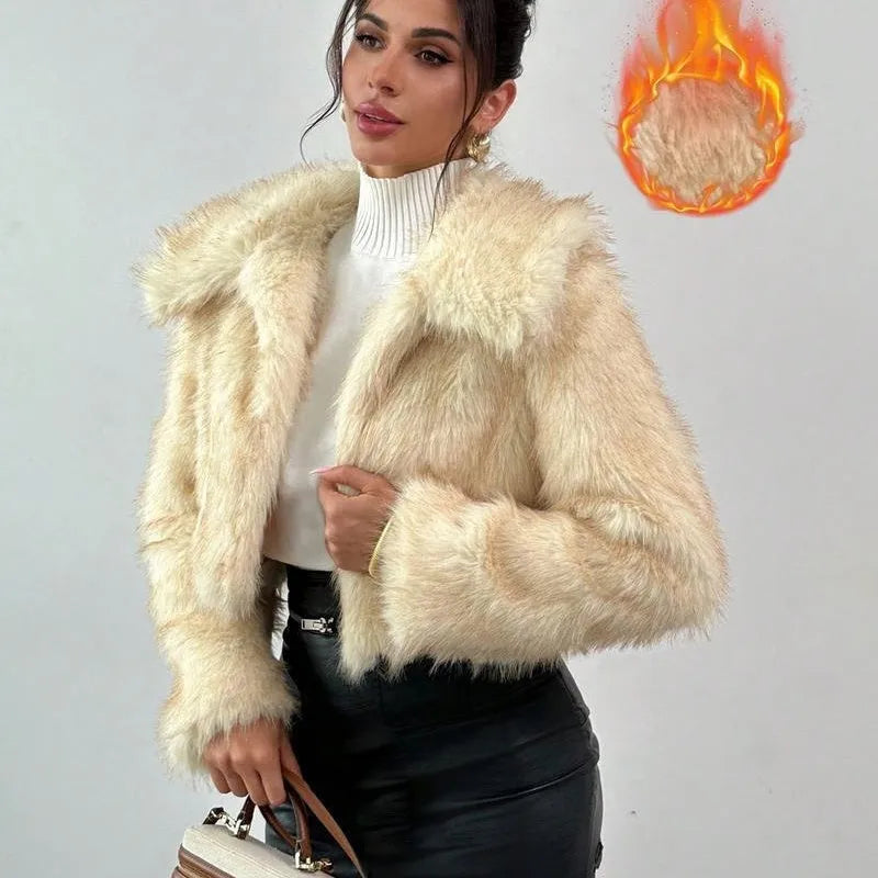 Women's artificial fur coat with fur collar in six colour options including dog fur pattern