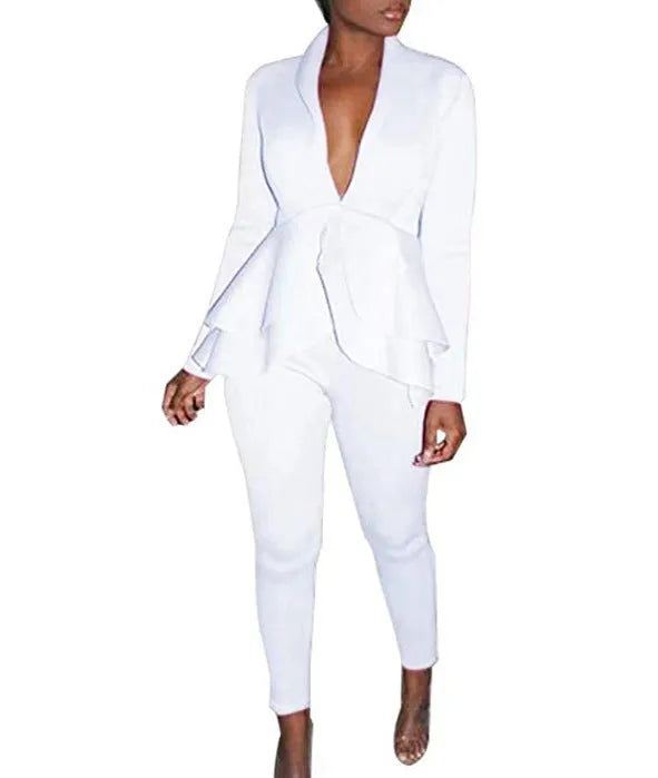 Ruffled air layer business shirt and pencil pants uniform set in multiple colour options