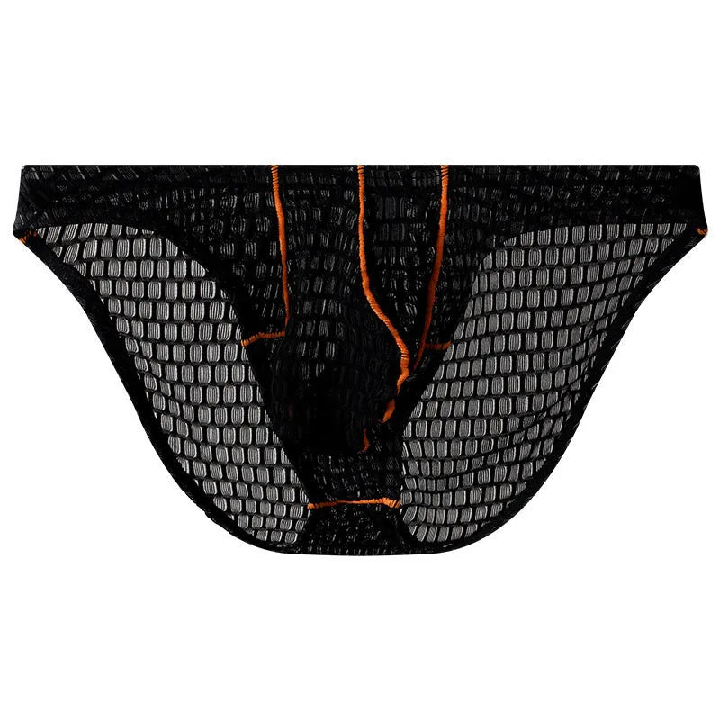 Men's low-waist lace briefs in white, black, green, red, and purple colours laid flat.
