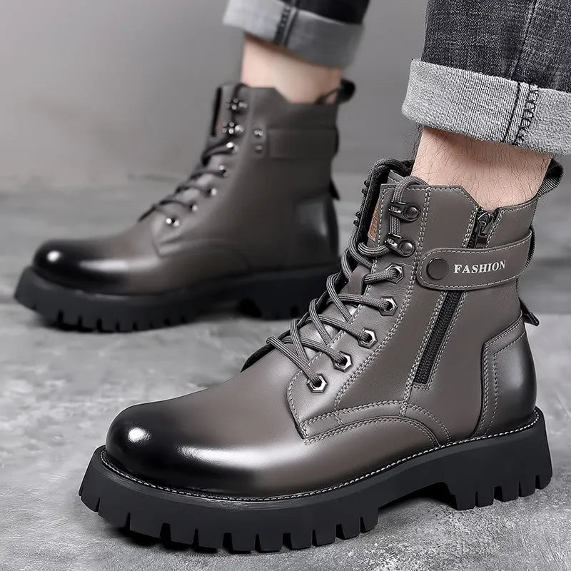 Men's leather Martin boots with thick rubber soles and side zipper closure
