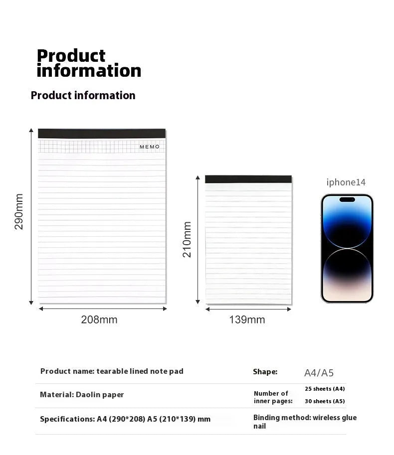 A4 tearable notebook with grid-lined ivory pages and wireless adhesive binding, shown in both A4 and A5 sizes