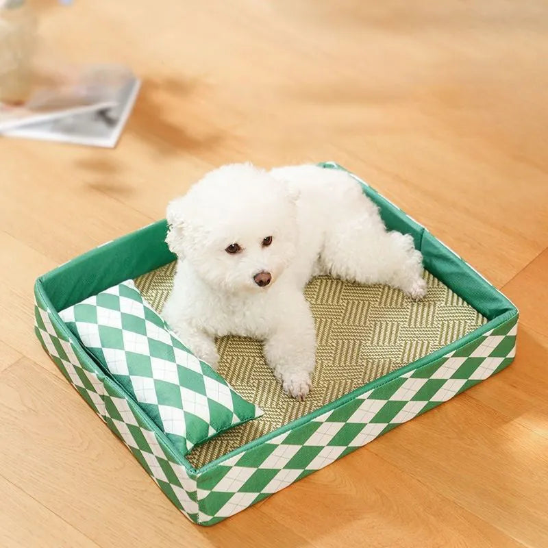 Blue woven rattan cat litter mat functioning as a raised pet bed, shown in a large size.
