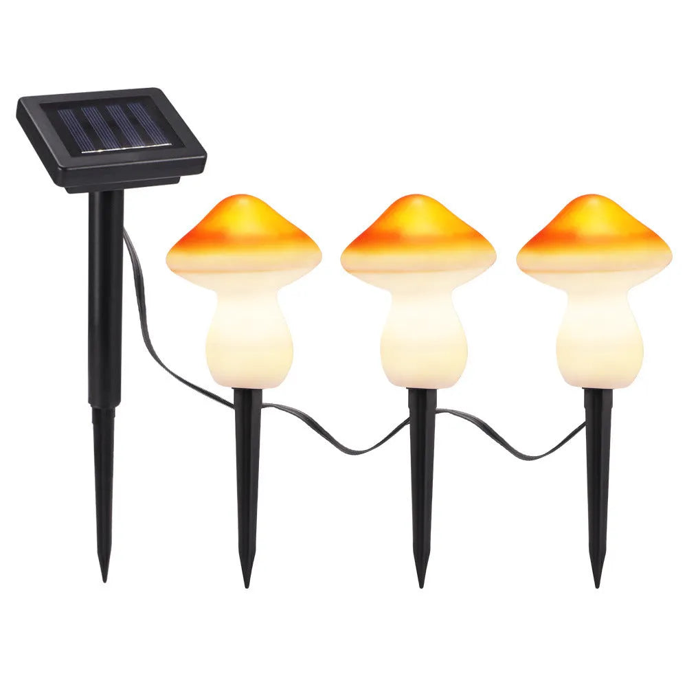 Solar courtyard landscape light set with red multicolour mushroom lamp, black plastic, IP44, LED, solar panel with cord