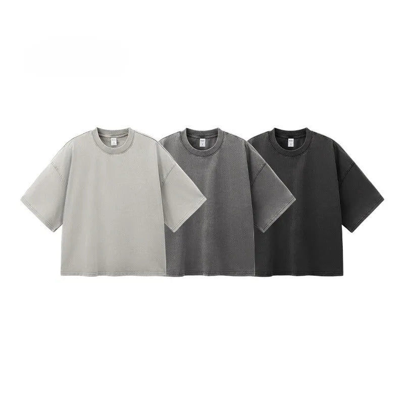 Men's loose fit cotton T-shirt in khaki colour with vintage wash texture and drop-shoulder sleeves
