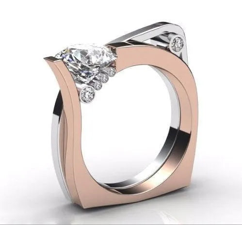Rose gold geometric couple ring with zircon stone inlay shown from multiple angles