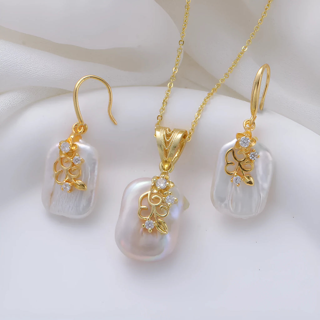 Copper plated real gold geometric Baroque pearl earrings with floral inlay for women