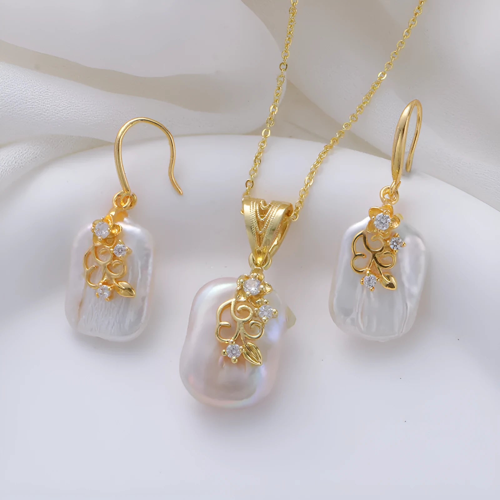 Copper plated real gold geometric Baroque pearl earrings with floral inlay for women
