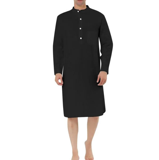 Men's cotton shirt robe in light blue with simple chest pocket, shown with relaxed fit for home wear