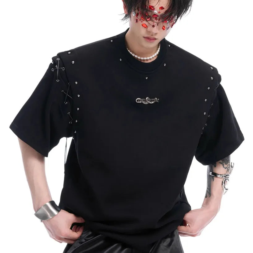 Black niche deconstruction short sleeve T-shirt with lace-up cutout design detail