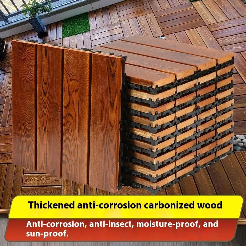 Square camphor pine wood floor tiles with interlocking edges for balcony use.