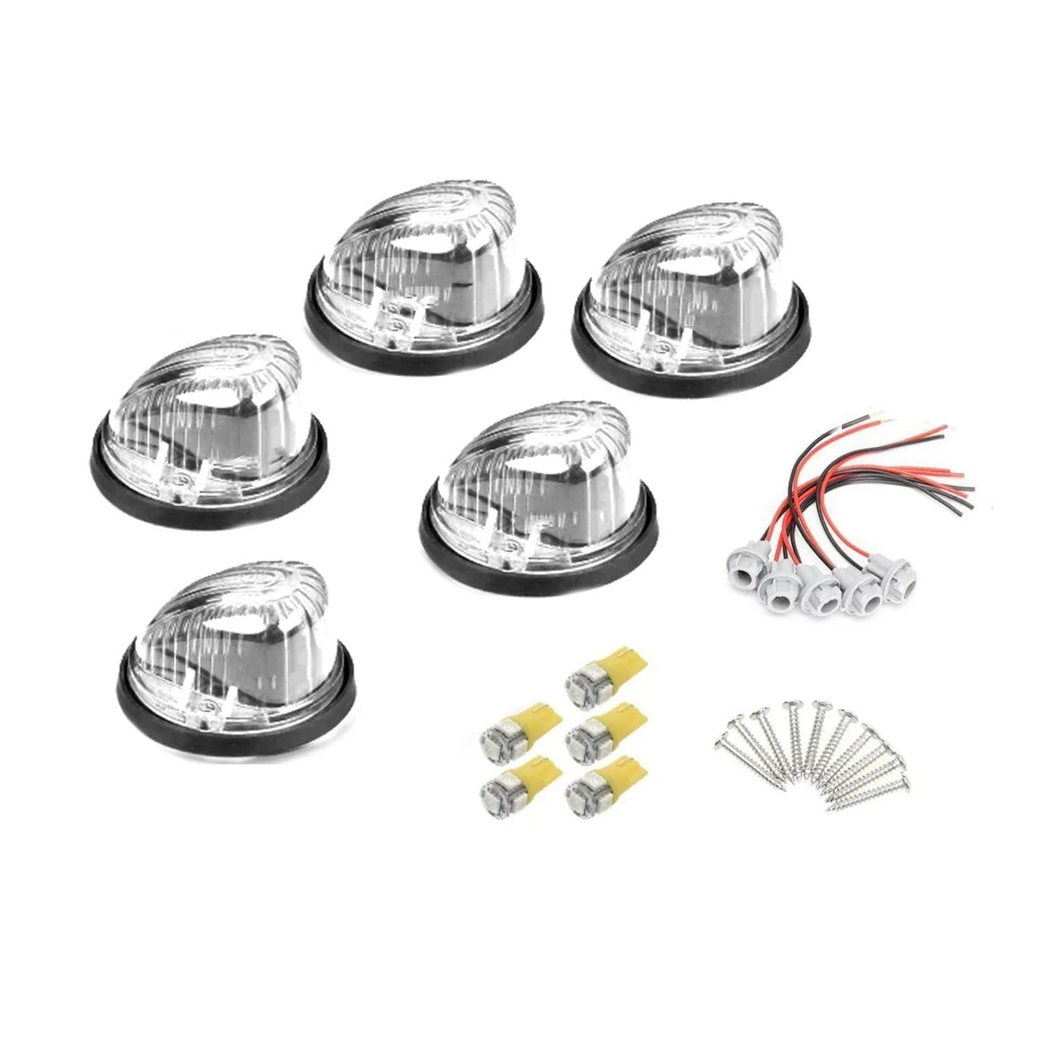 Five-piece LED roof cab marker light kit with yellow, black, and transparent lenses and T10 bulbs