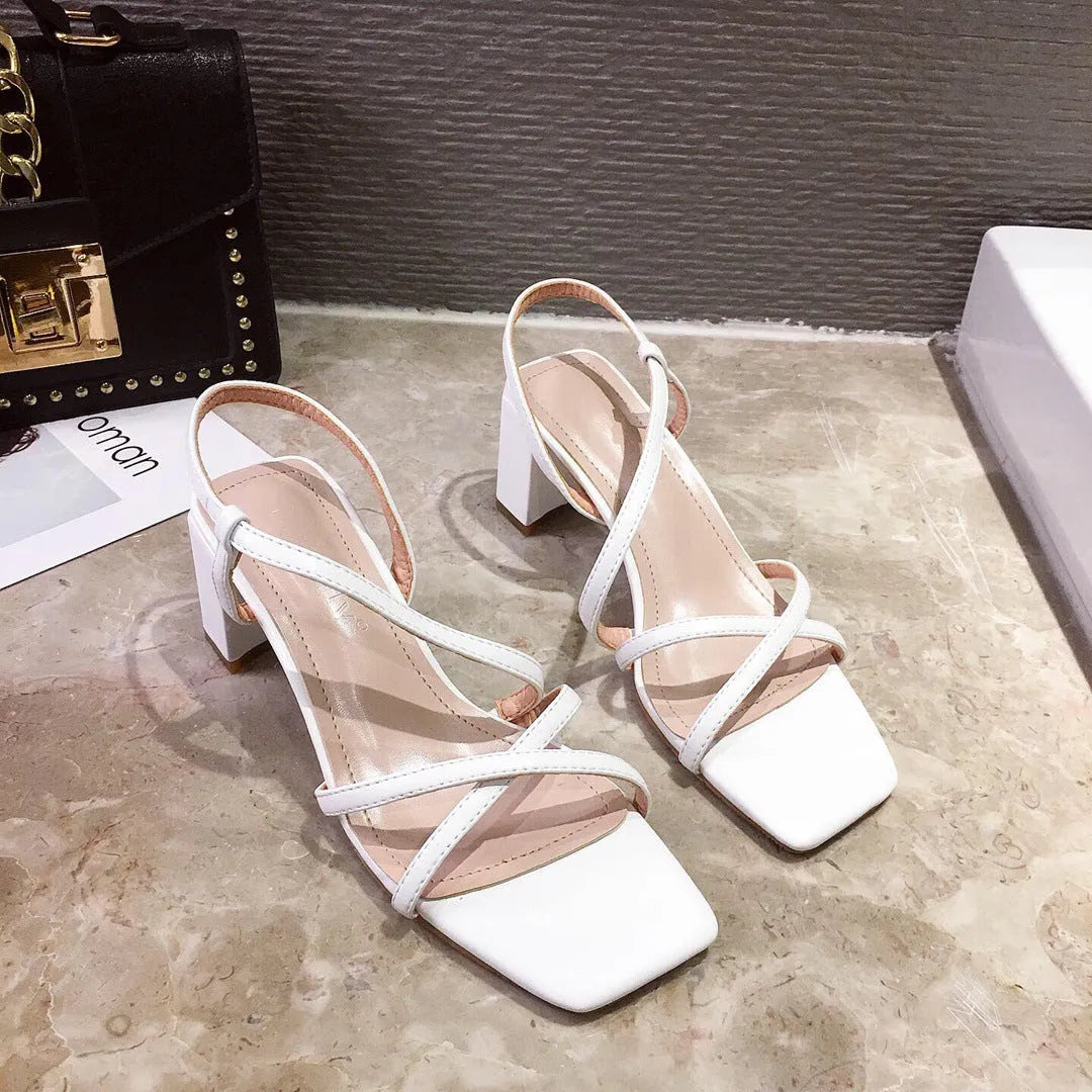 Women's Roman sandals with thick high heels over 8cm in white, pink or apricot colours