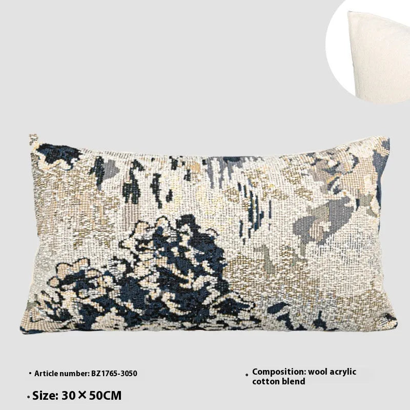 Antique blue abstract floral decorative cushion on wool blend fabric in square and waist sizes.