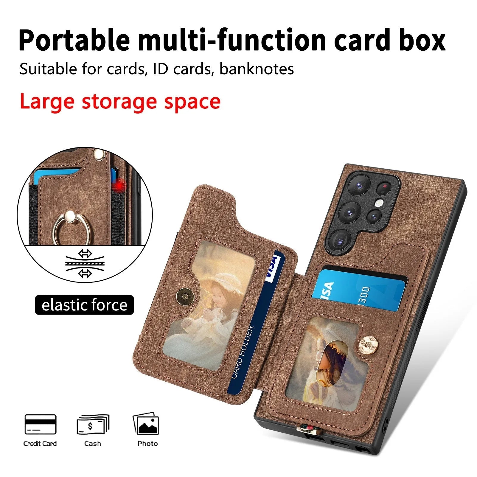 Dark brown PU Samsung phone case with anti-theft ring lanyard, card holder, and kickstand