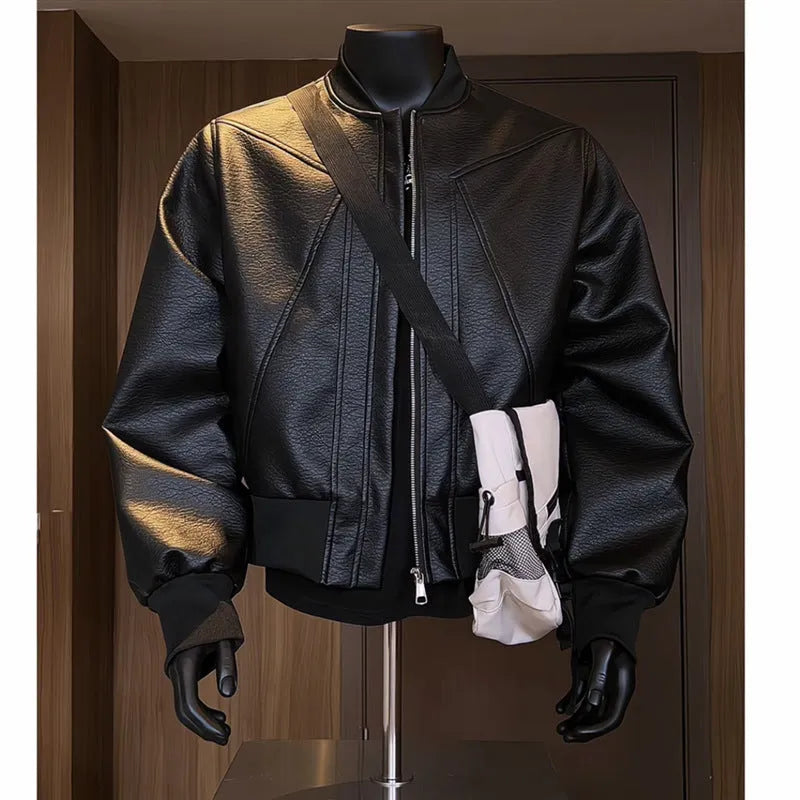 Men's black PU leather jacket with litchi texture and extended 100cm length in slim fit.