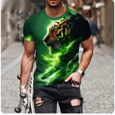 Men's black t-shirt with a fierce 3D lion head print on the front.