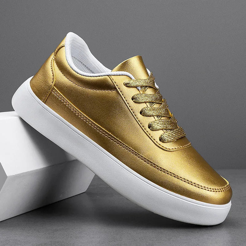 Women's white leather casual flat lace-up shoes on a neutral background.
