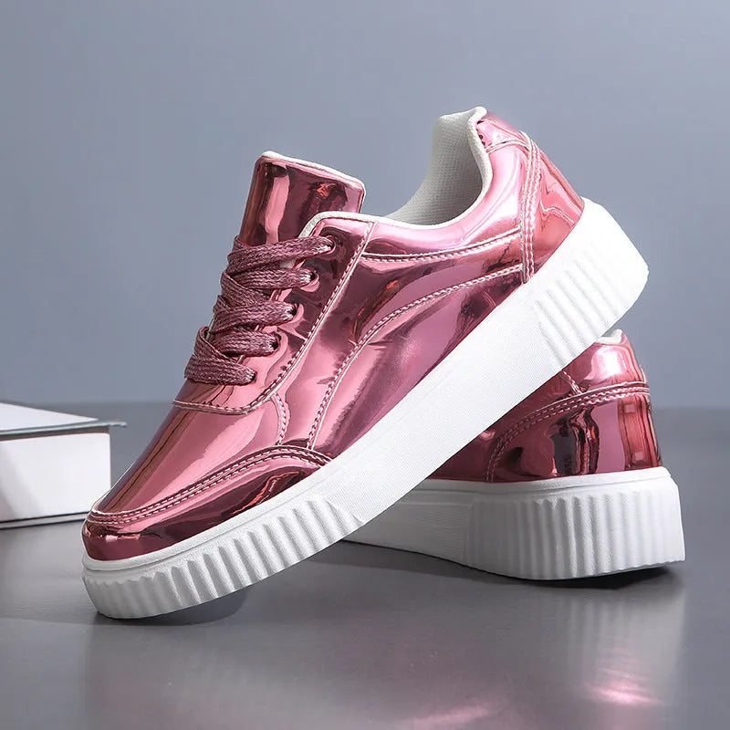 Unisex rose gold sequin platform sneakers with thick sole and round toe.