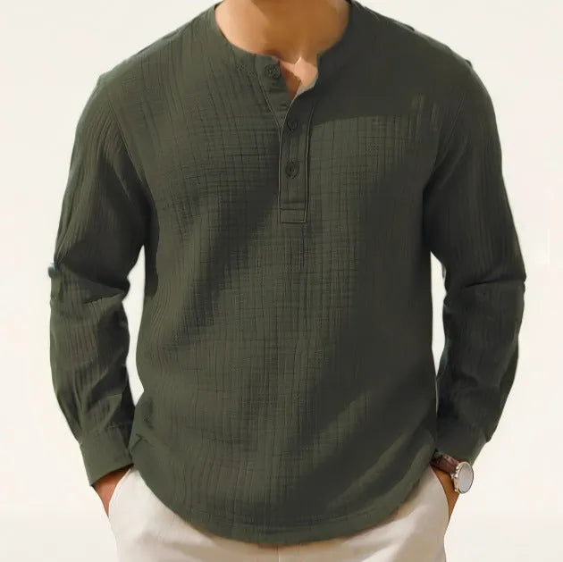 Long sleeve cotton linen pullover shirt in slim fit with 3/4 sleeves in a solid colour.