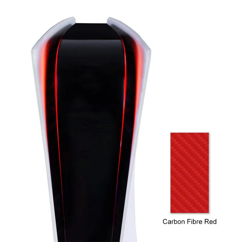 PS5 light bar sticker with carbon fibre pattern in blue, gold, pink, and red colour options