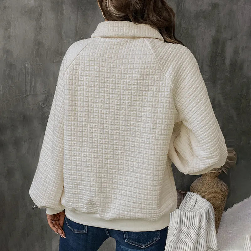 Women's thick textured polo collar sweater in milky white solid colour