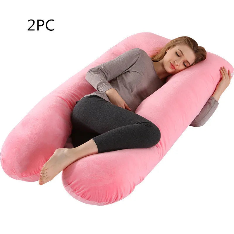 Large U-shaped pregnancy support pillow with removable cover in choice of fabrics.
