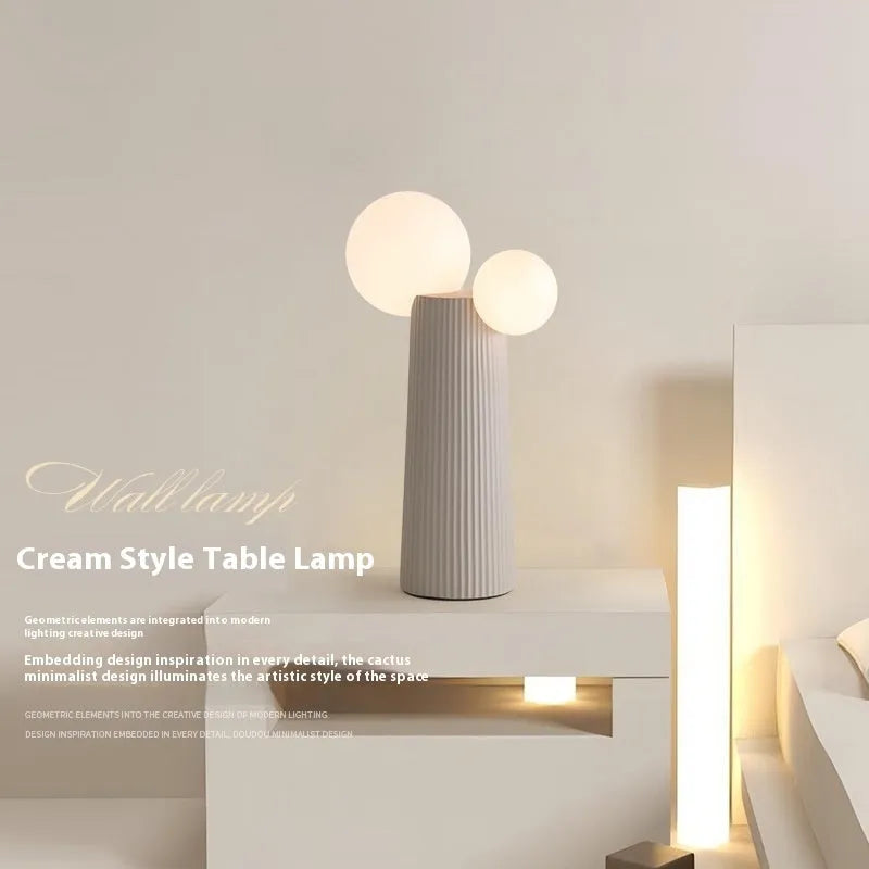 Modern minimalist cactus table lamp with resin base and PE lampshade in beige, 40 cm height