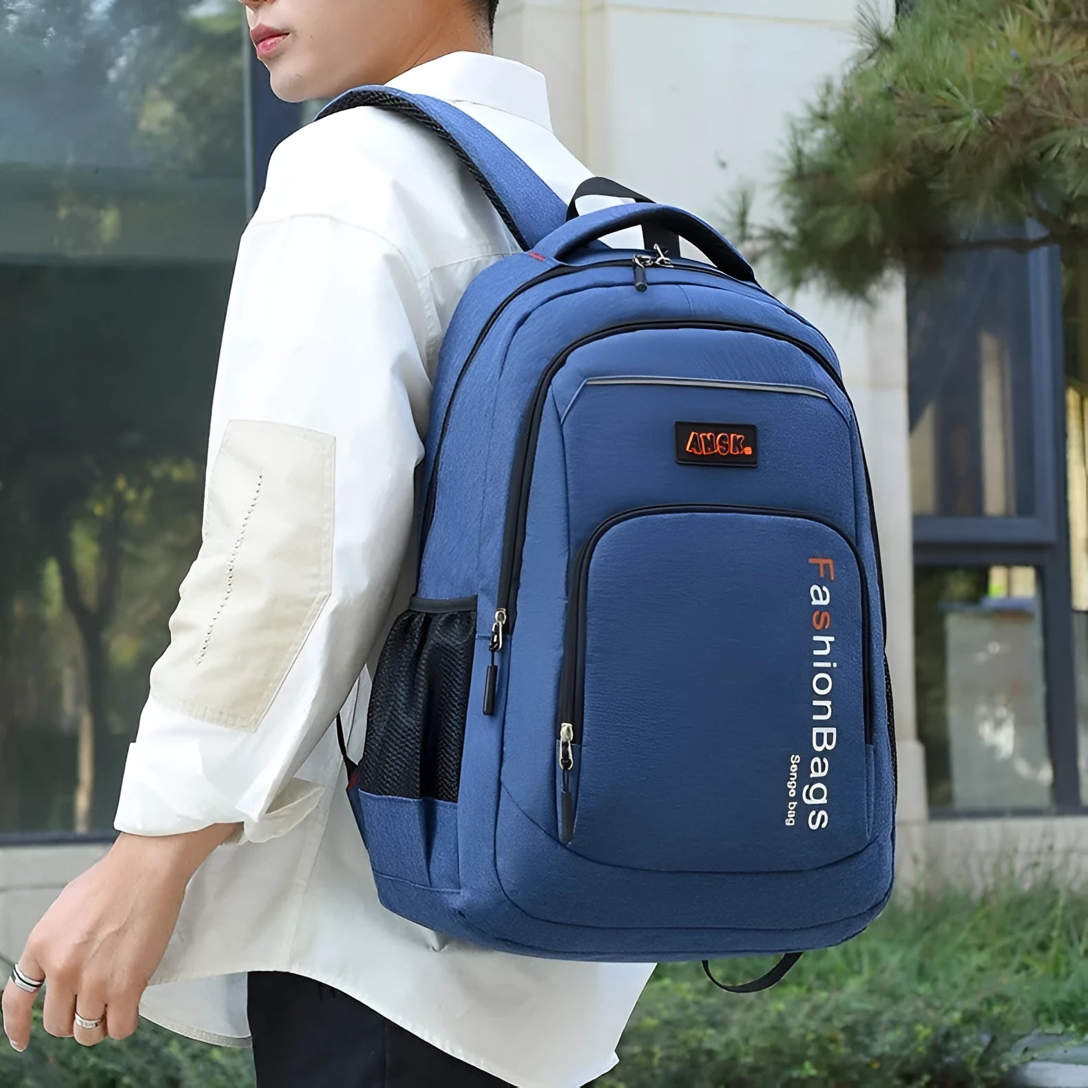 Nylon fashion backpack showing front view with multiple compartments and adjustable shoulder straps
