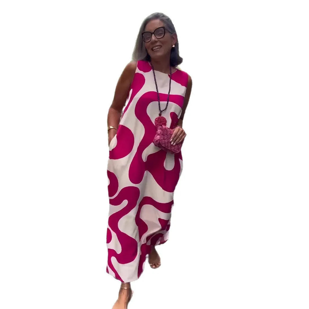 V-neck printed sleeveless dress in Rose Red with abstract pattern and A-line skirt for commuting style