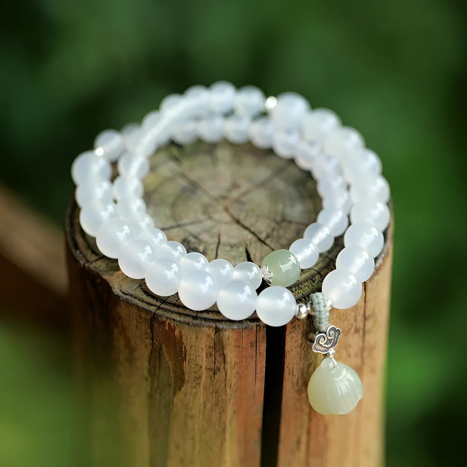 Women's S925 silver and white agate Hetian jade bracelet with geometric lotus pattern