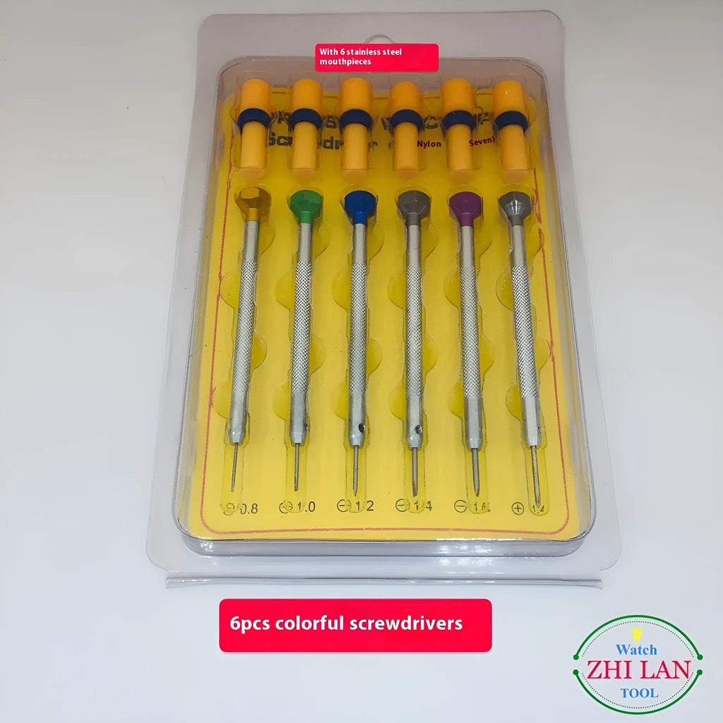 6 coloured aluminium-handled watch screwdrivers with spring steel cutter heads for children's watch repair