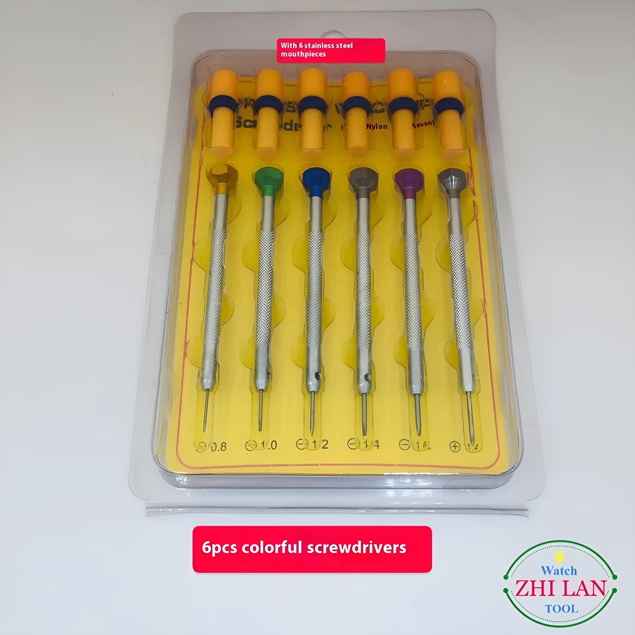 6 coloured aluminium-handled watch screwdrivers with spring steel cutter heads for children's watch repair