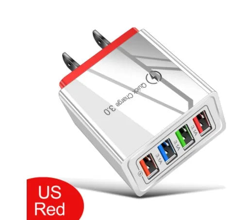 Dark blue 4-port USB wall charger with EU plug next to mobile phone