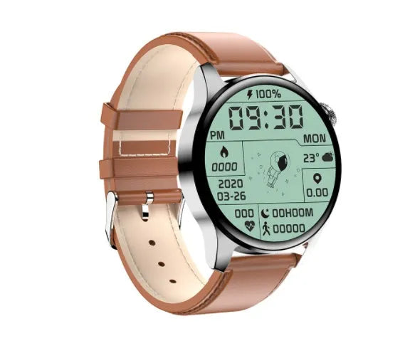 Round screen smartwatch with silicone strap showing heart rate and call functions on display.