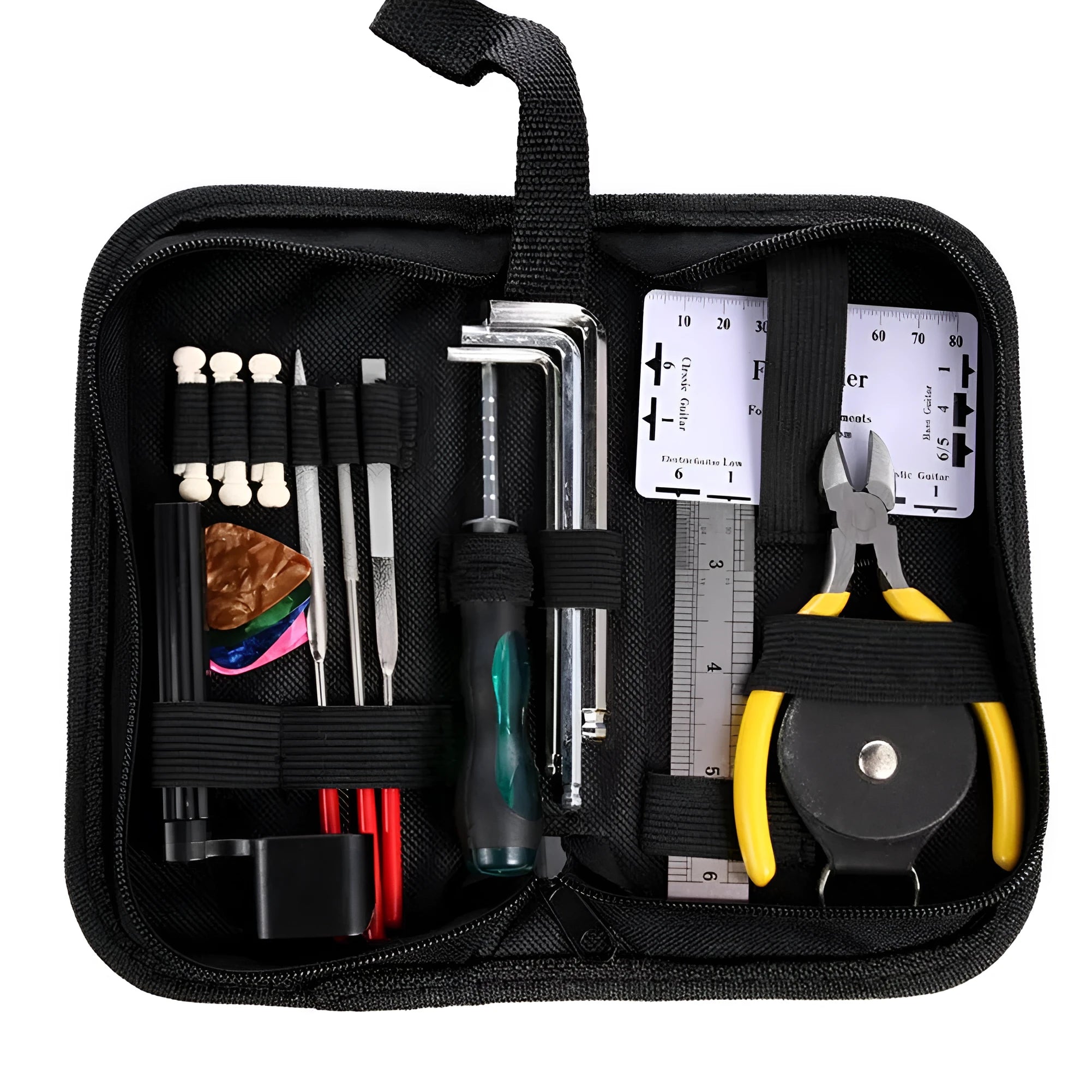 Black plastic and metal guitar repair tool kit for guitar bass mandolin banjo maintenance