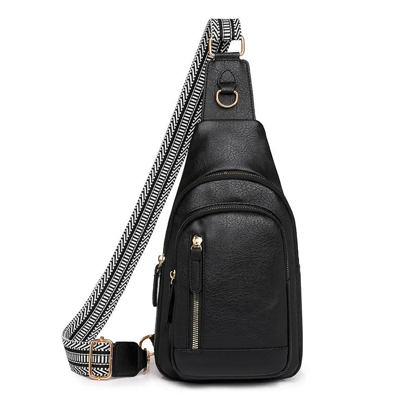 Women's soft PU chest bag in beige with multiple compartments and crossbody strap