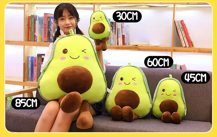 Green avocado plush toy with super soft short plush fabric and PP cotton filling on a plain background