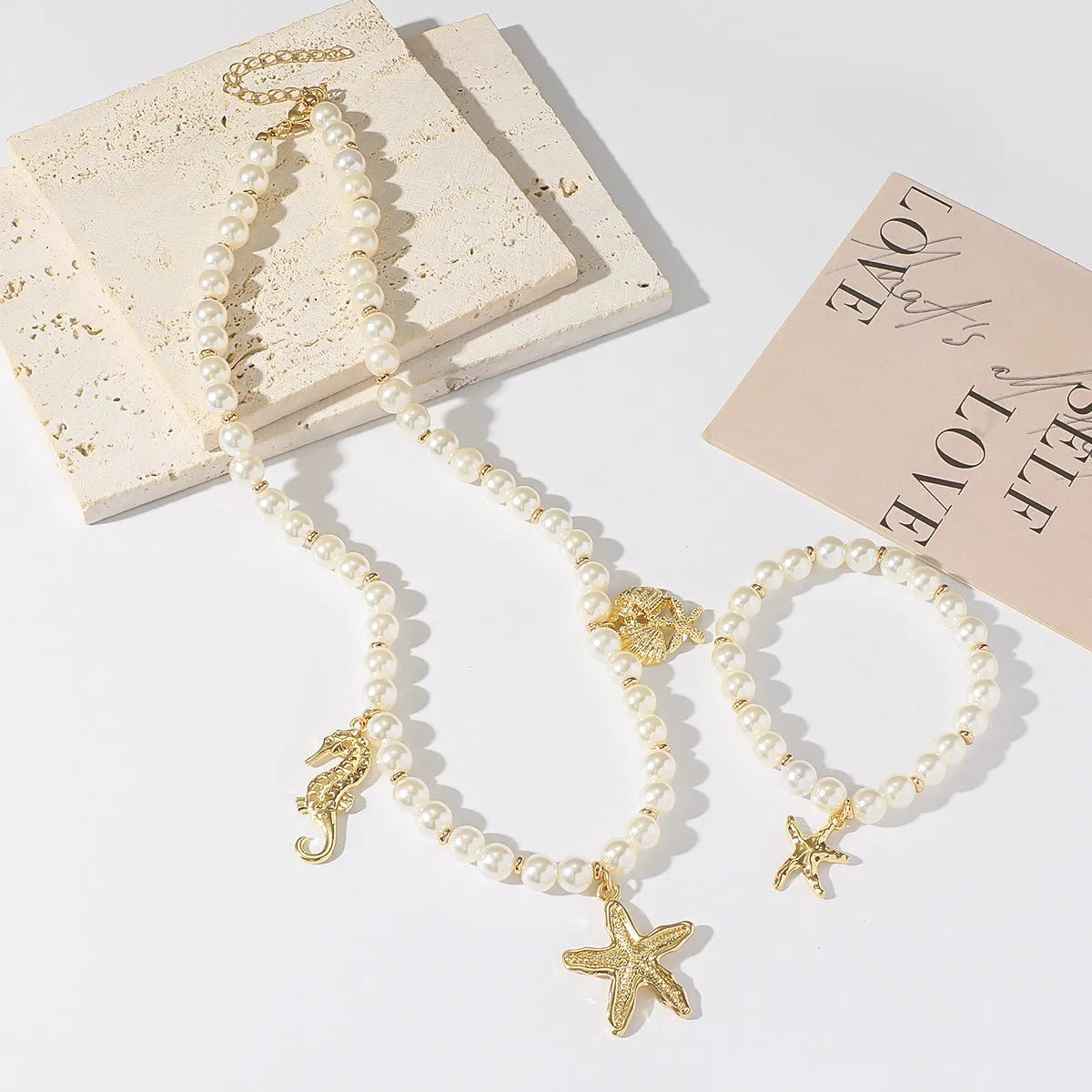 Haima handmade shell necklace starfish bracelet set with alloy pearl chain silver tone unisex