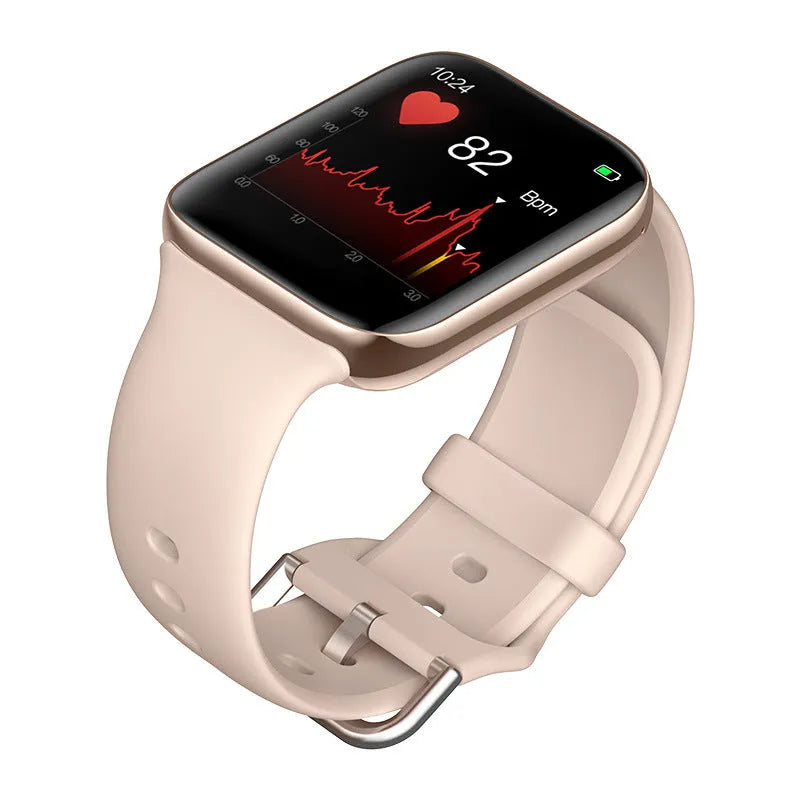Black smart bracelet with a square screen on a silicone strap, showing Bluetooth call and blood pressure icons.