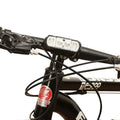 Black bicycle headlight with LED, showing mounting bracket and rechargeable battery.