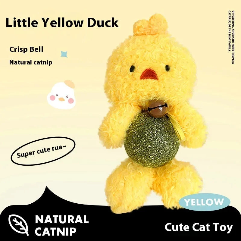 Plush catnip toy shaped like an animal with a separate mint ball, showing brown bear design