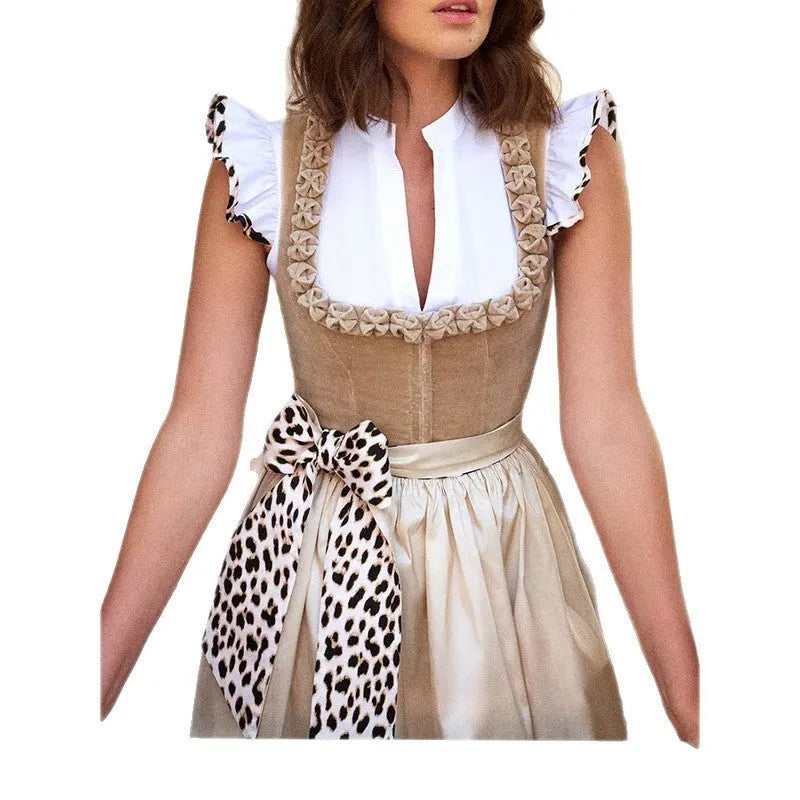 Khaki coloured German Oktoberfest style women's dress made from cotton polyester fabric.