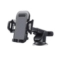 Black universal car phone holder mounted on a dashboard, showing a smartphone secured in the cradle.