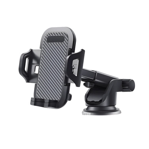 Black universal car phone holder mounted on a dashboard, showing a smartphone secured in the cradle.