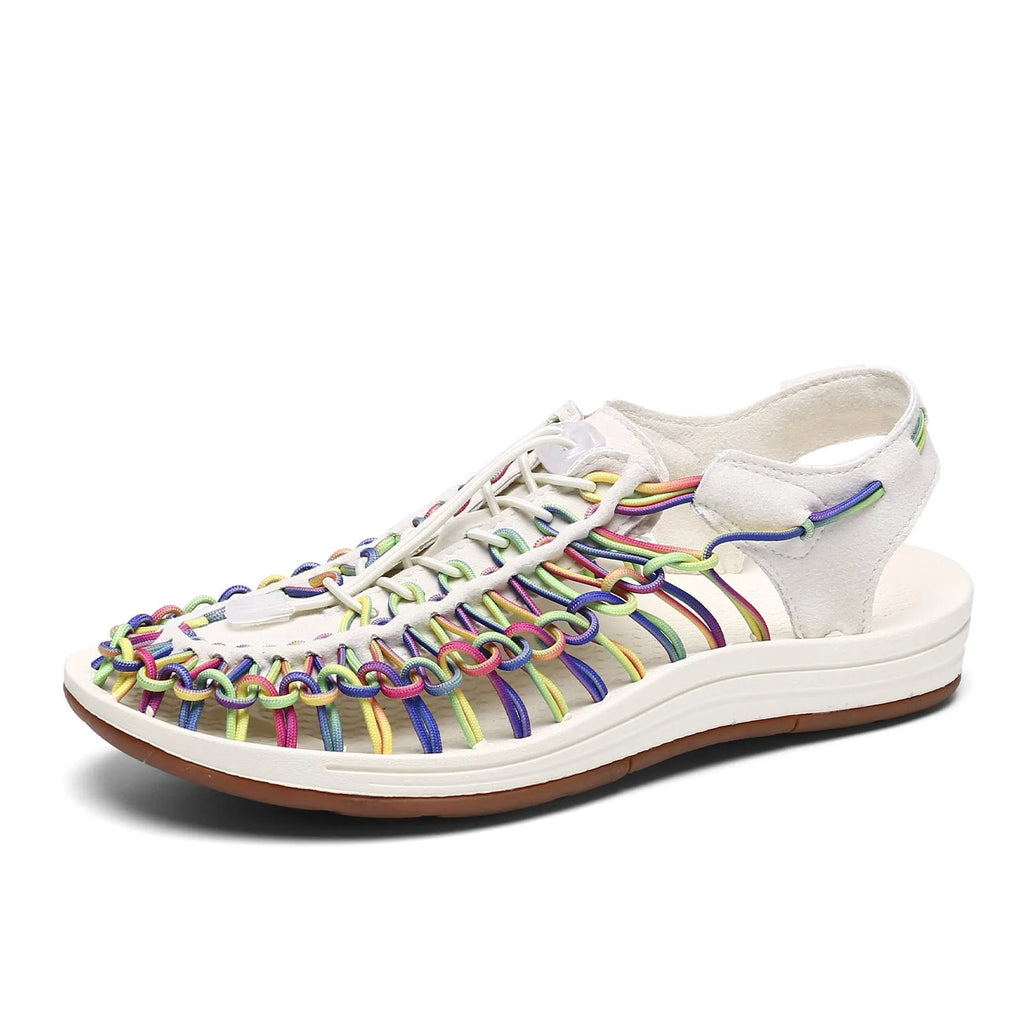 Elastic drawstring tie Roman sandals in multiple colours with a non-slip rubber sole.