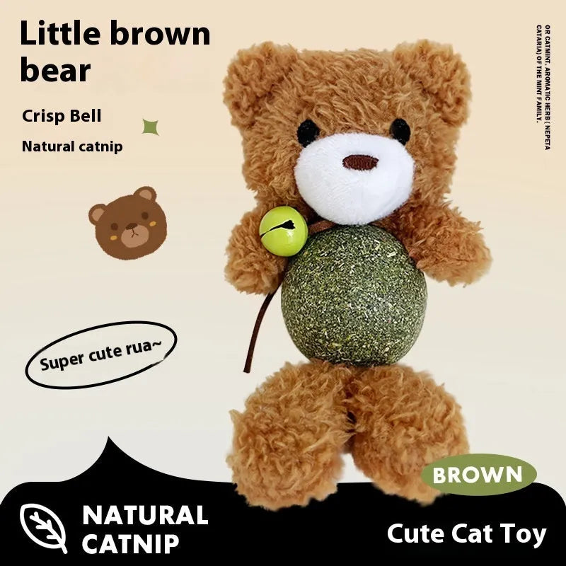 Plush catnip toy shaped like an animal with a separate mint ball, showing brown bear design