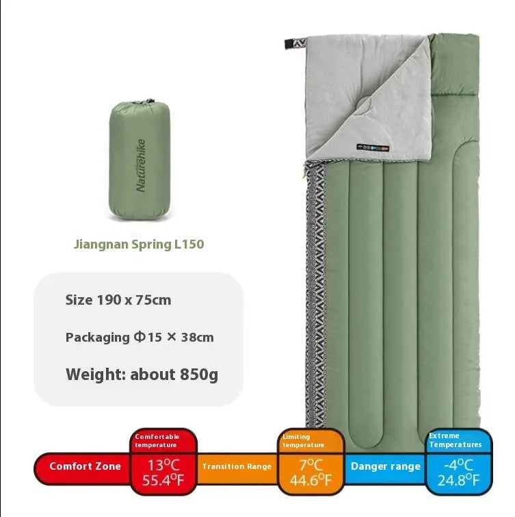 Four seasons portable camping sleeping bag for adults in Jiangnan Spring colour with storage bag.